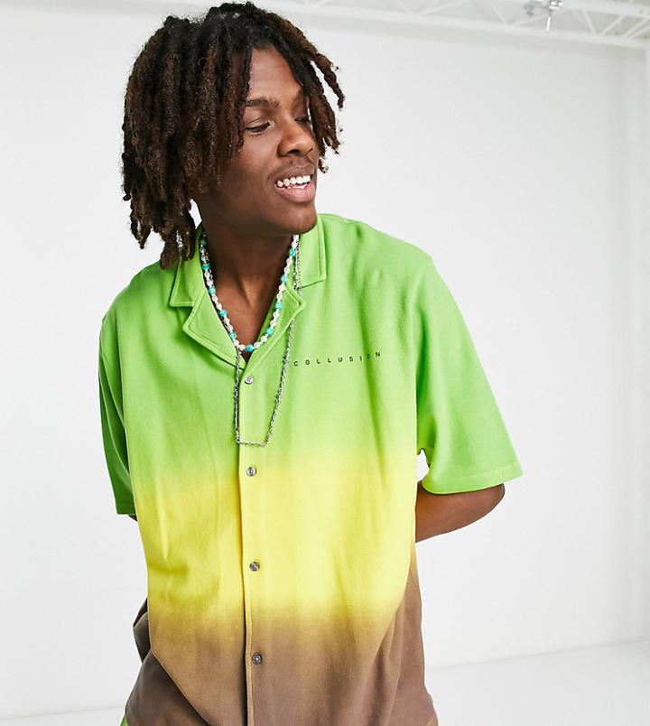 Collusion Pique Short Sleeve Shirt In Ombre With Logo Print - Part Of A Set-green