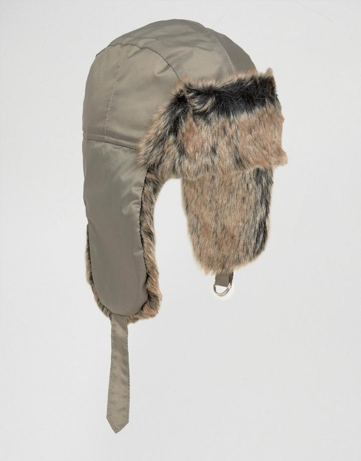 Asos Trapper Hat In Khaki Nylon - Green