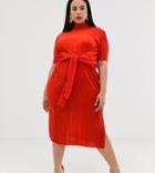 Asos Design Curve Knot Front Plisse Midi Dress - Orange