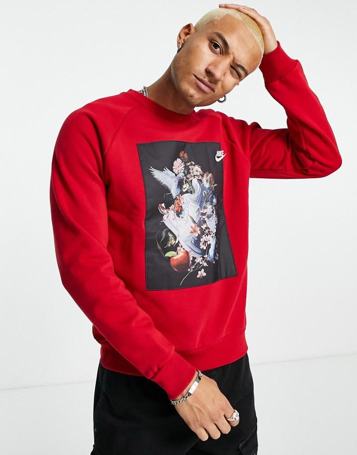 Nike Masterpiece Pack Photo Print Crew Neck Fleece Sweatshirt In Red