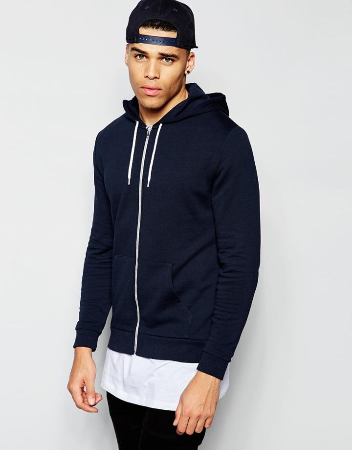 Asos Zip Up Hoodie In Navy - Navy