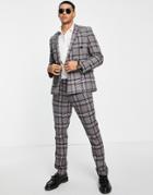 Twisted Tailor Caballero Skinny Double Breasted Suit Jacket In Gray With Brown Check