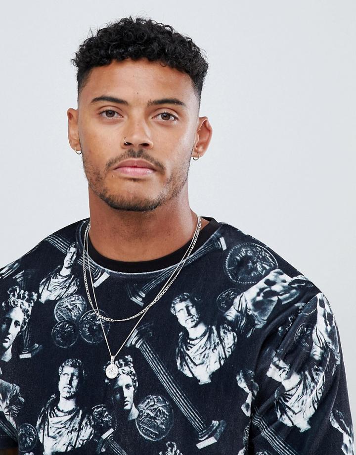 Asos Design Relaxed T-shirt With All Over Statue Print In Velour - Black