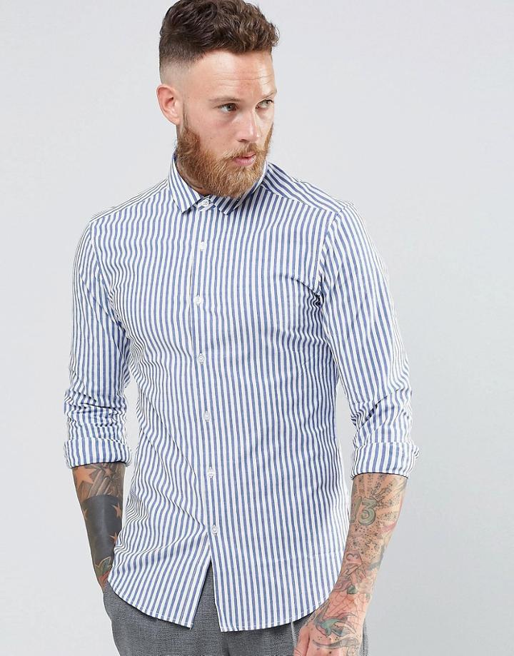 Asos Smart Skinny Stripe Shirt In Blue - Blue