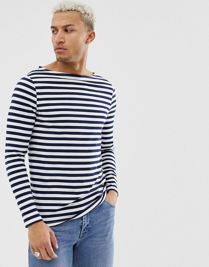 Asos Design Organic Cotton Stripe Long Sleeve T-shirt In Navy And White With Boat Neck - Multi