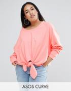 Asos Curve Sweatshirt With Knot Front In Washed Neon - Orange