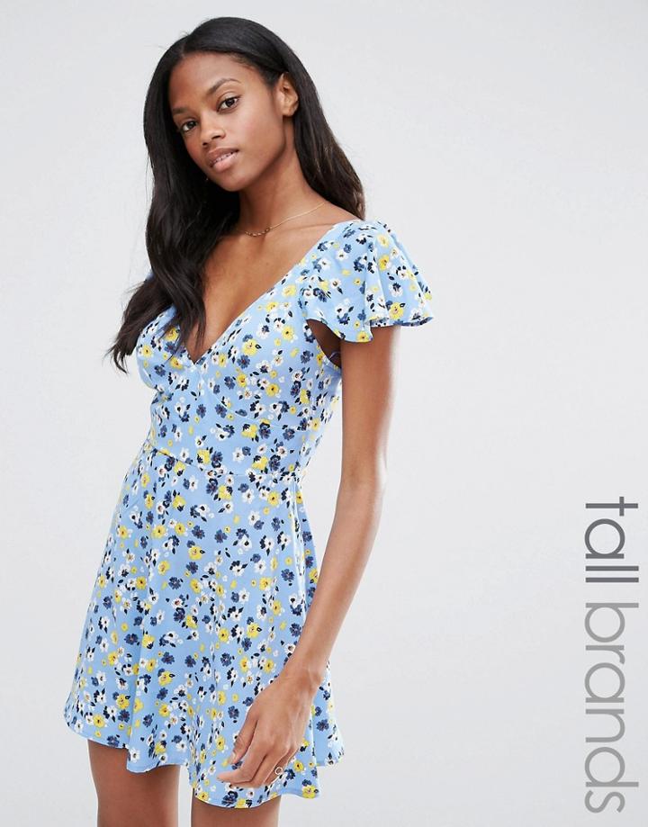 Influence Tall Angel Sleeve Tea Dress In Ditsy Print - Blue
