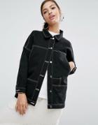Daisy Street Longline Denim Jacket With Contrast Stitching - Black
