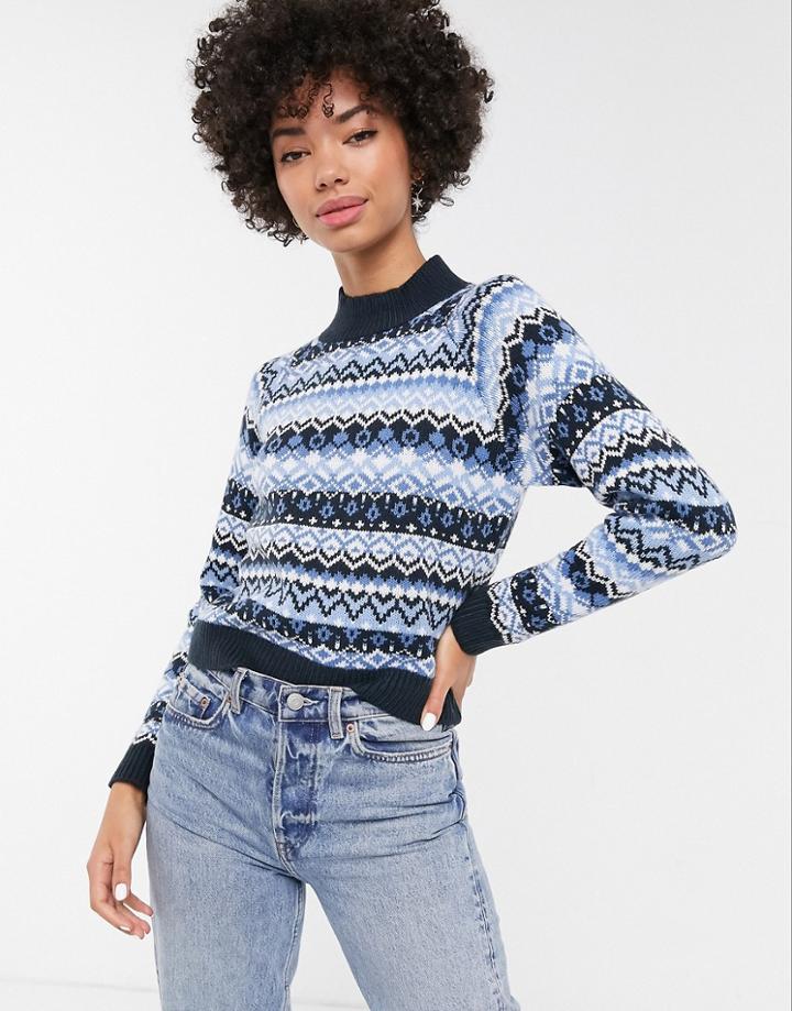 Monki Fairisle Print High-neck Sweater In Blue