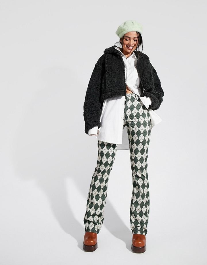Asos Design Low Rise Longline Flare Pant In Forest Green Argyle Print