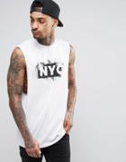 Asos Longline Sleeveless T-shirt With Nyc Print And Dropped Armhole - White