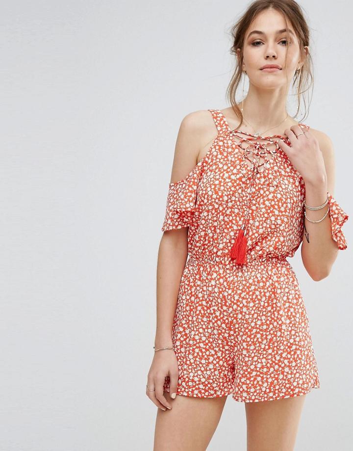 Moon River Front Laced Cold Shoulder Romper - Red