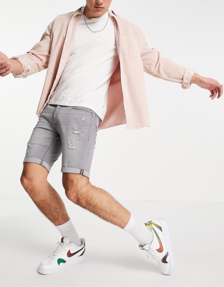 Jack & Jones Intelligence Ripped Denim Shorts In Gray-grey