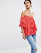 Y.a.s Off Shoulder Ruffle Dotty Top - Red
