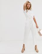 Miss Selfridge Denim Utility Jumpsuit In White - Cream