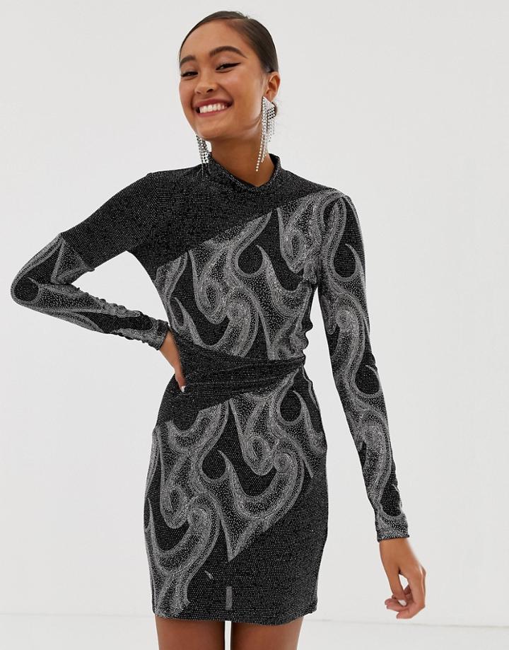 Miss Selfridge High Neck Glitter Bodycon In Black - Silver