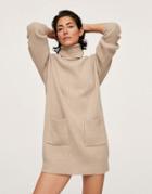 Mango High Neck Pocket Detail Knit Mini Dress In Beige-neutral