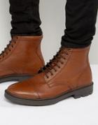Asos Lace Up Boots In Tan Scotchgrain Leather With Toe Cap - Tan