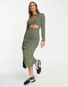 Asos Design Long Sleeve Keyhole Midi Dress With Cut Out In Lime Jacquard-green