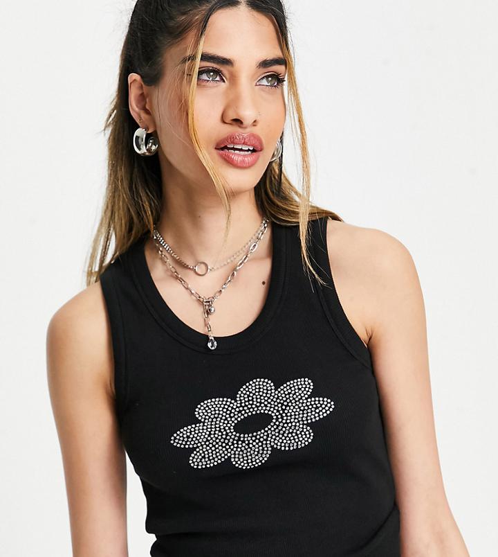 Collusion Rhinestone Flower Tank Top In Black
