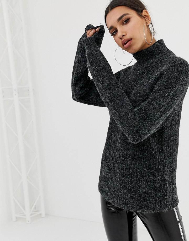 Na-kd Sweater With High Neck And Balloon Sleeve In Dark Gray - Gray
