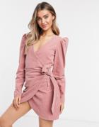 Asos Design Corduroy Mini Wrap Dress With Long Sleeves In Pink