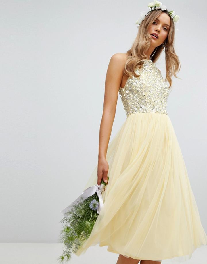 Maya Halterneck Delicate Sequin Detail Tulle Midi Dress In Lemon - Yellow