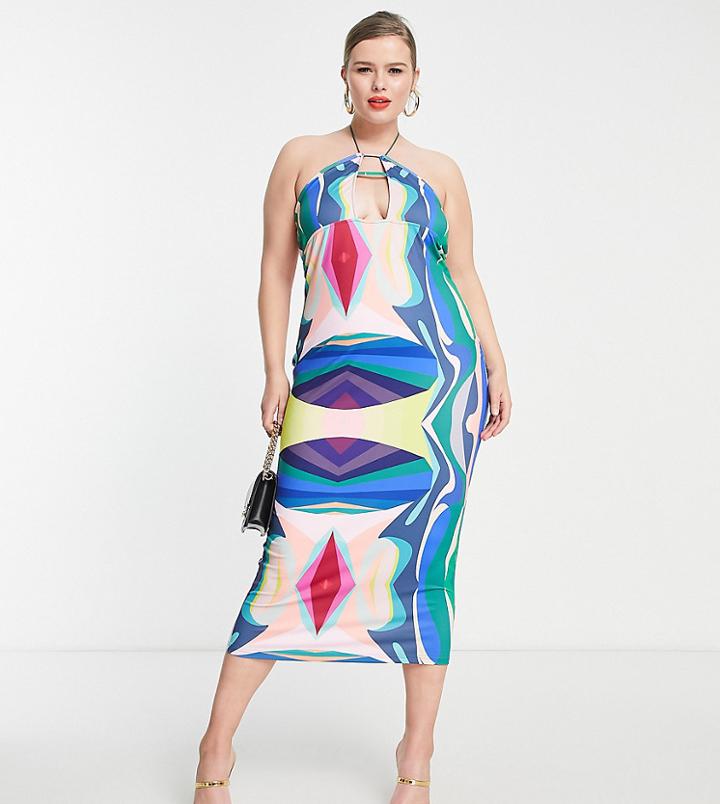 Simmi Plus Clothing Plunge Front Midaxi Dress In Blue Abstract Print-multi