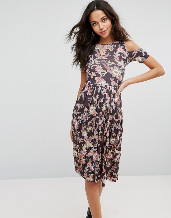 Asos Midi Skater Dress With Pleated Skirt In Paisley Print - Multi