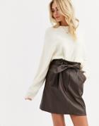 New Look Paperbag Pu Mini Skirt In Dark Brown