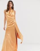 Asos Design Halter Maxi Dress In High Shine Satin With Drape Neck-orange