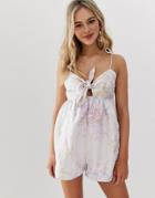 Asos Design Cami Romper In Jacquard With Tie Front - Multi