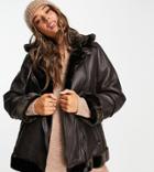 Stradivarius Faux Leather Aviator Coat In Chocolate Brown