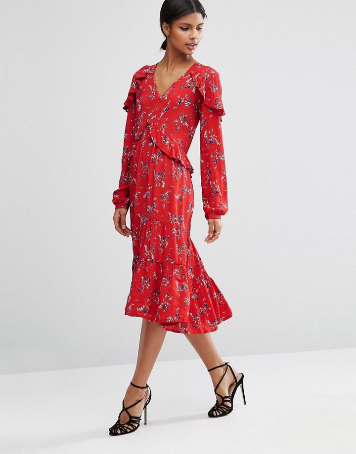 Asos V Neck Ruffle Midi Dress In Vintage Floral - Multi