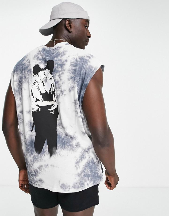 Asos Design Tank With Kissing Copper Banksy Print In Tye Die Print-black