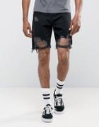 Asos Denim Shorts In Slim Black With Heavy Rips - Black