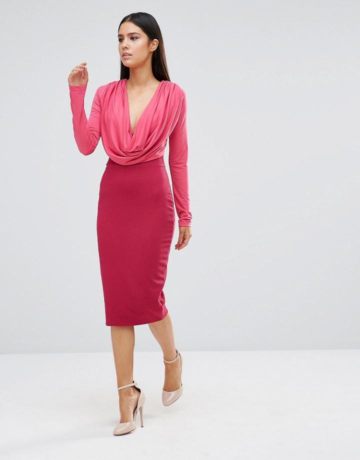 Hedonia Color Block Pencil Dress With Cowl Neck - Pink