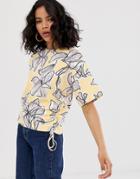 Asos White Floral Ruched Side Detail T-shirt - Yellow