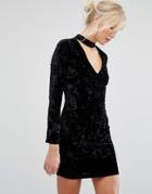 Parisian Neck Detail Velvet Bodycon Dress - Black