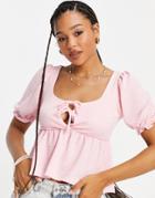 Miss Selfridge Short Sleeve Textured Tie Front Top-pink