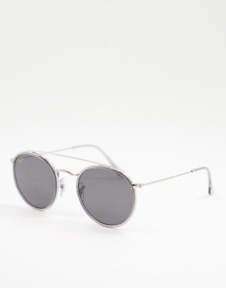 Ray-ban Unisex Double Bridge Round Sunglasses In Silver 0rb3647n