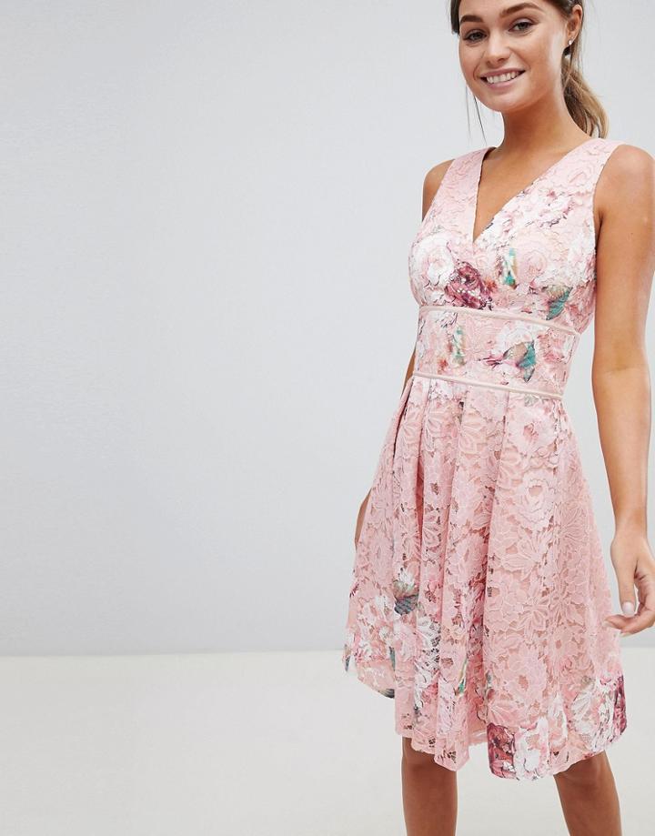 Little Mistress Floral Printed Lace Dress With Wrap Front And Pleated Skirt - Pink
