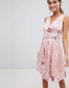 Little Mistress Floral Printed Lace Dress With Wrap Front And Pleated Skirt - Pink