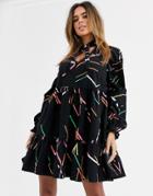 Asos Design Tiered Swing Mini Shirt Dress In Abstract Print
