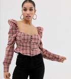 Boohoo Petite Ruffle Shoulder Button Up Blouse In Pink Check - Blue