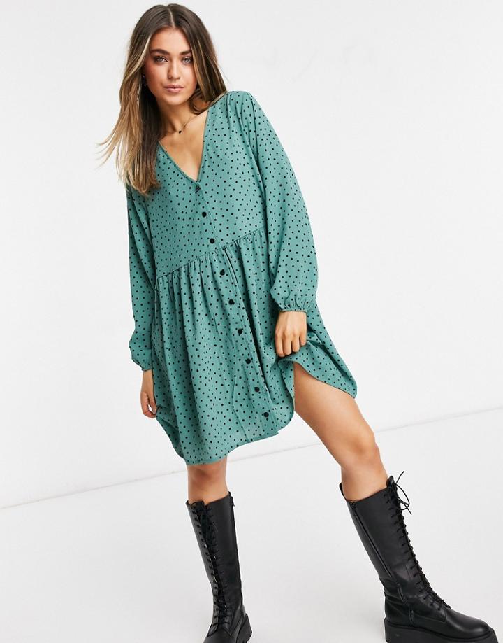 Monki Torborg Mini Smock Dress With Button Through Detail In Green