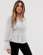 Asos Design Sheer Long Sleeve Button Front Top With Smock Detail - Multi