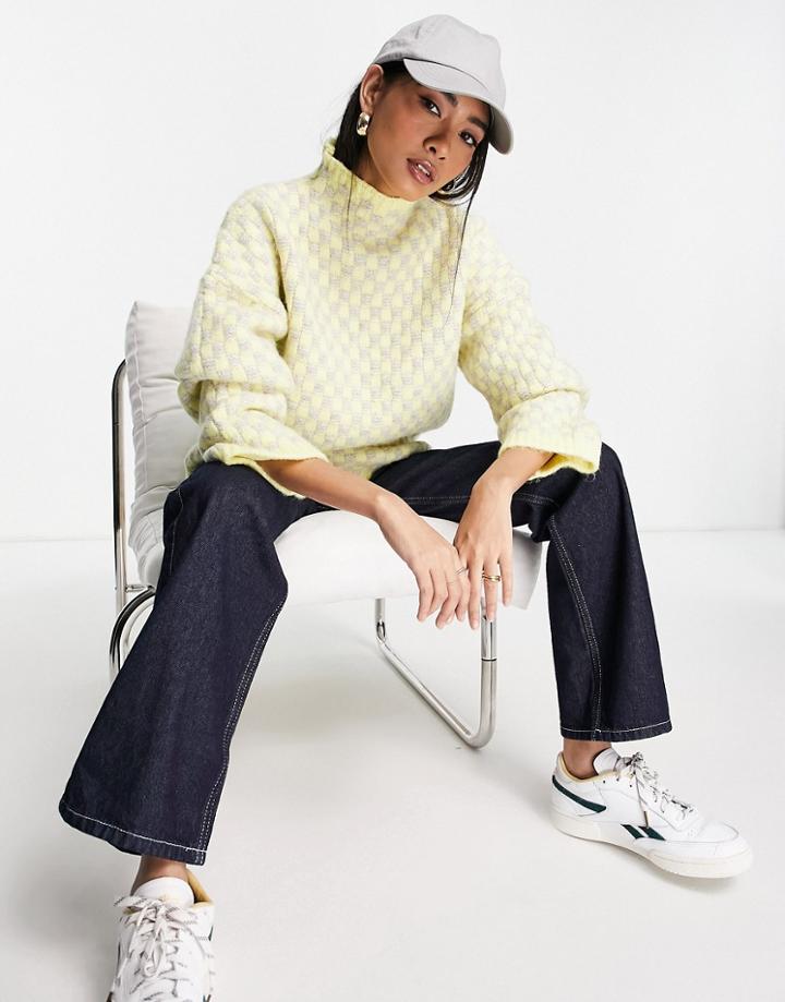 Asos Design Oversized Sweater In Checkerboard Stitch-yellow