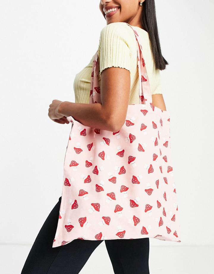 Monki Maja Organic Cotton Mushroom Print Tote Bag In Pink