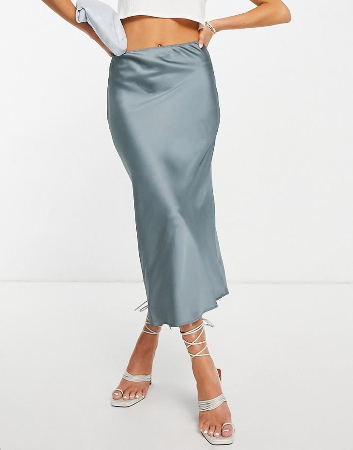 Topshop Satin Bias Midi Skirt In Dusty Blue